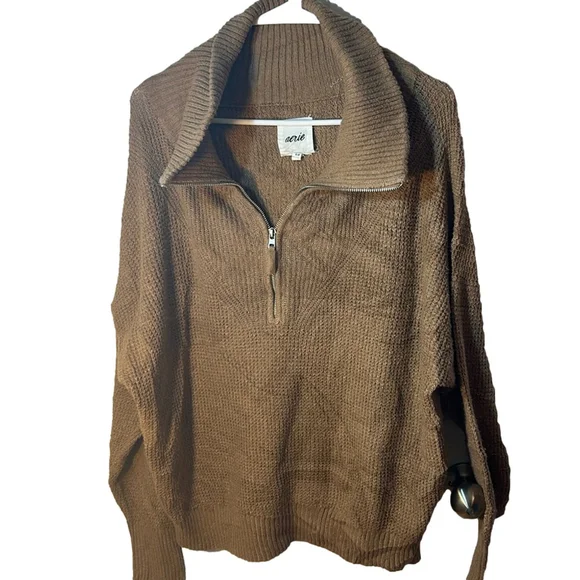 Size, small Aerie cotton polyester blend brown quarter-zip pullover sweater - Picture 2 of 9
